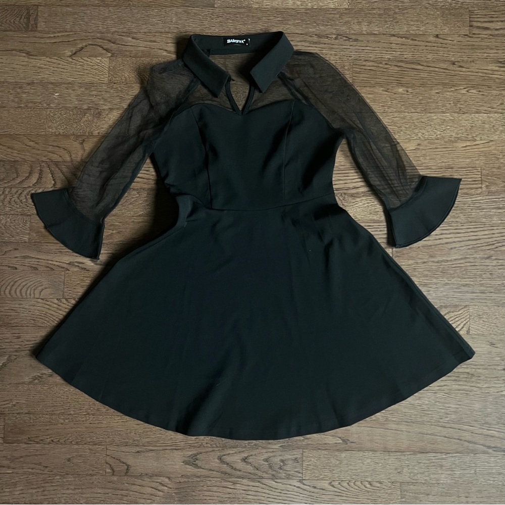 Black Fit and Flare Dress with Notched Collar Long Sleeves